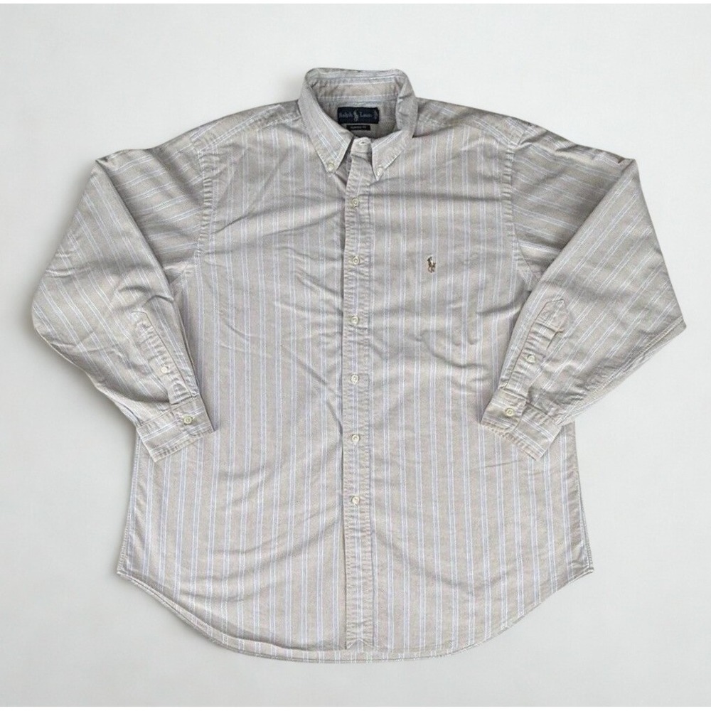 Ralph Lauren Dress Shirt 17.5 34/35 Blue Tan Striped Classic Fit Long Sleeve